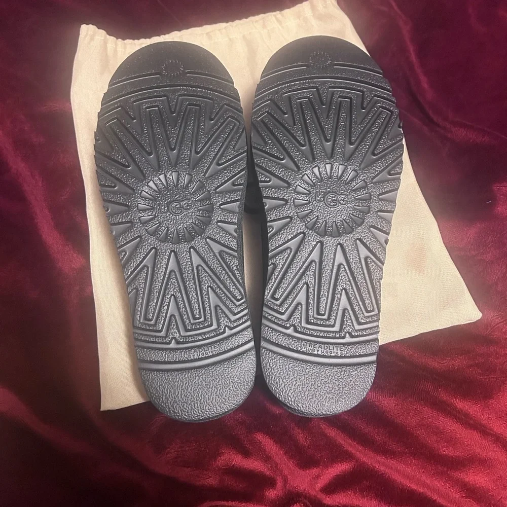 UGG Black Suede Slip-On Slippers with Contrasting Stitch Trim